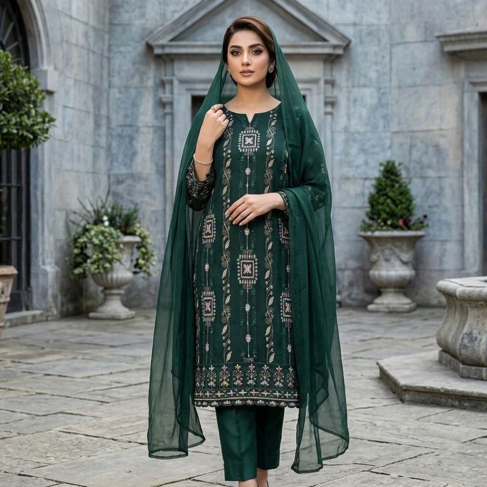 সেমী স্টিচড জর্জেট এমব্রয়ডারি থ্রী পিস 009