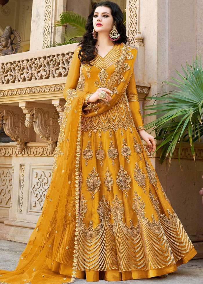 Premium Mustard Gold Indian Fabric Heavy Embroidery & Jori Work Ready-Made Anarkali Gown