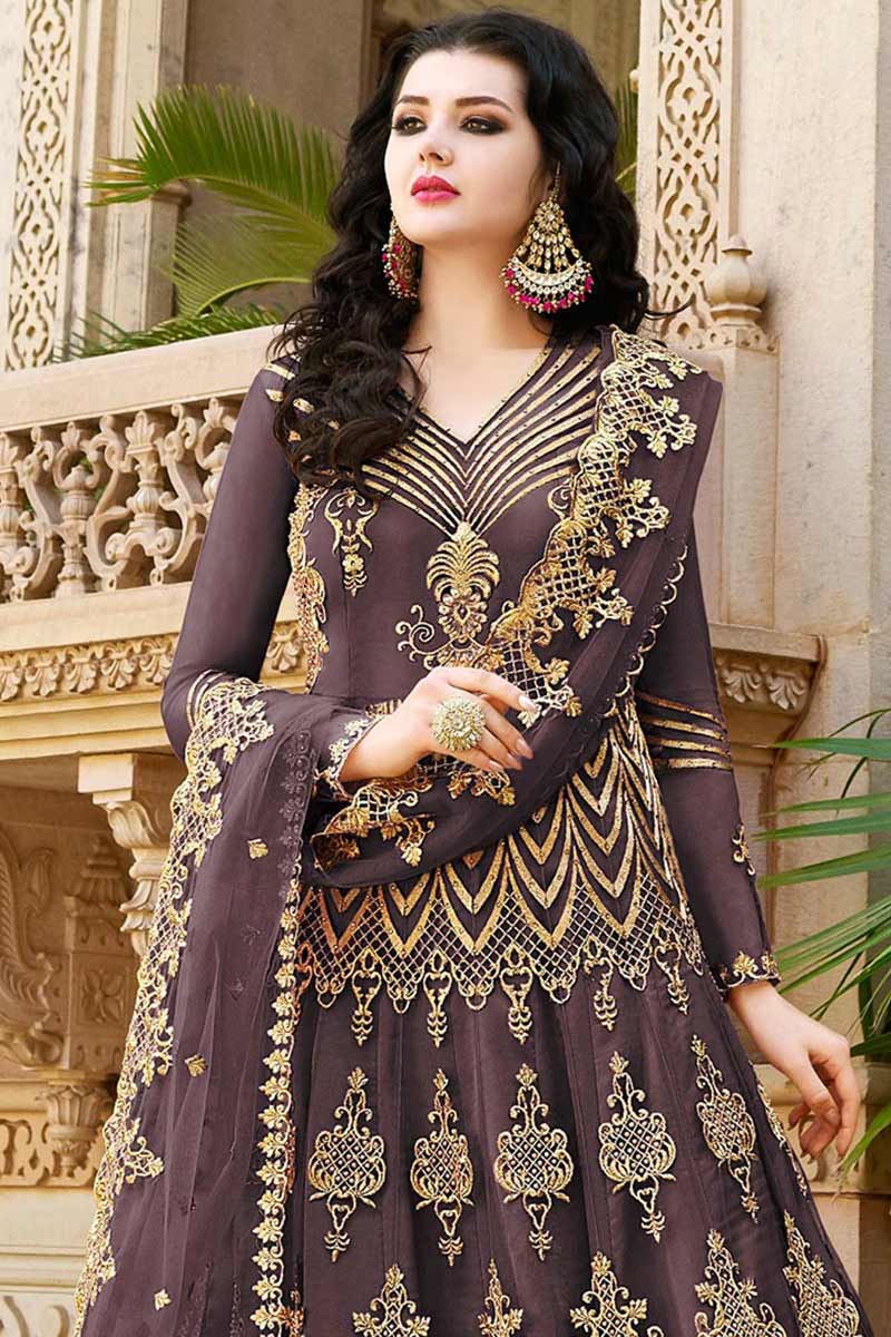 Premium Dark Coffee Indian Fabric Heavy Embroidery & Jori Work Ready-Made Anarkali Gown