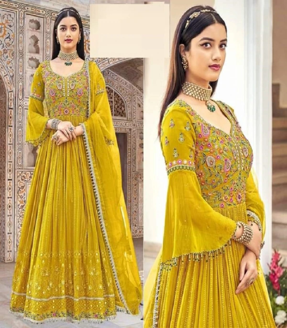 Premium Yellow Indian Fabric Heavy Embroidery & Jori Work Ready-Made Anarkali Gown