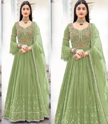 Premium Olive Green Indian Fabric Heavy Embroidery & Jori Work Ready-Made Anarkali Gown