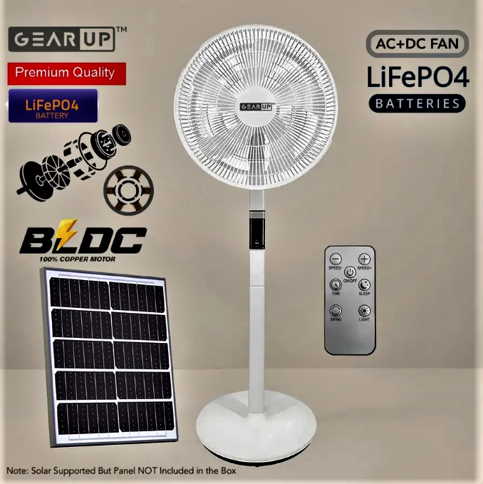 GearUP GP90 – 14 inch Premium Rechargeable LifePO4 + BLDC AC+ DC+ Solar Stand Fan (Without Solar Panel)