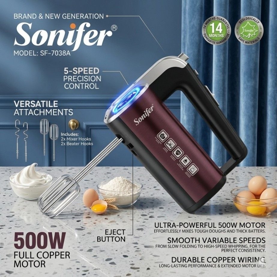 Sonifer Hand Mixer – 500W 5-Speed Electric Mixer with Attachments