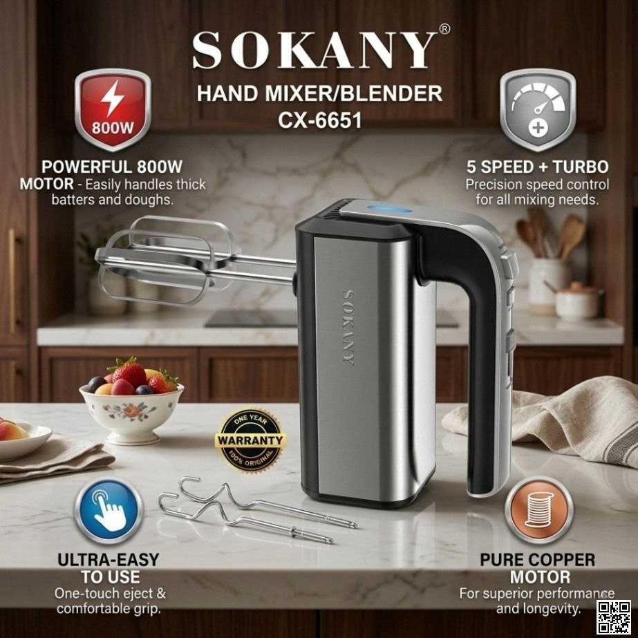 Sokany CX-6651 Hand Mixer Blender – 5-Speed Turbo, Powerful Copper Motor