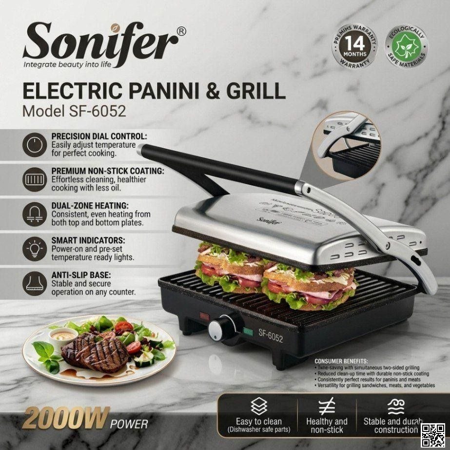 Sonifer SF-6052 Electric Panini & Grill – 2000W Non-Stick Sandwich Maker