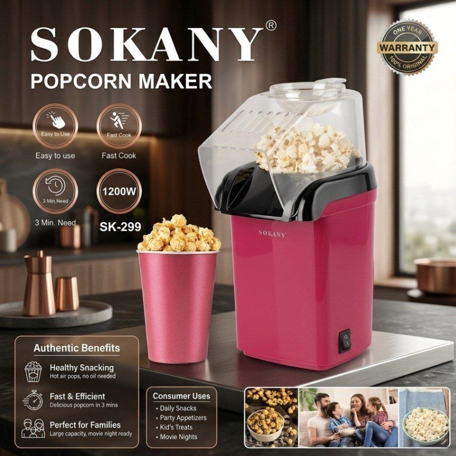 SOKANY Popcorn Maker – 1200W Hot Air Popcorn Machine
