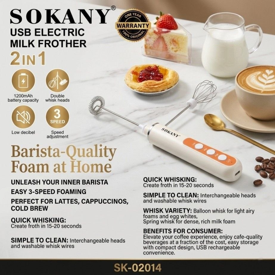 SOKANY 2-in-1 Milk Frother & Electric Whisk – Barista-Quality Foam Maker