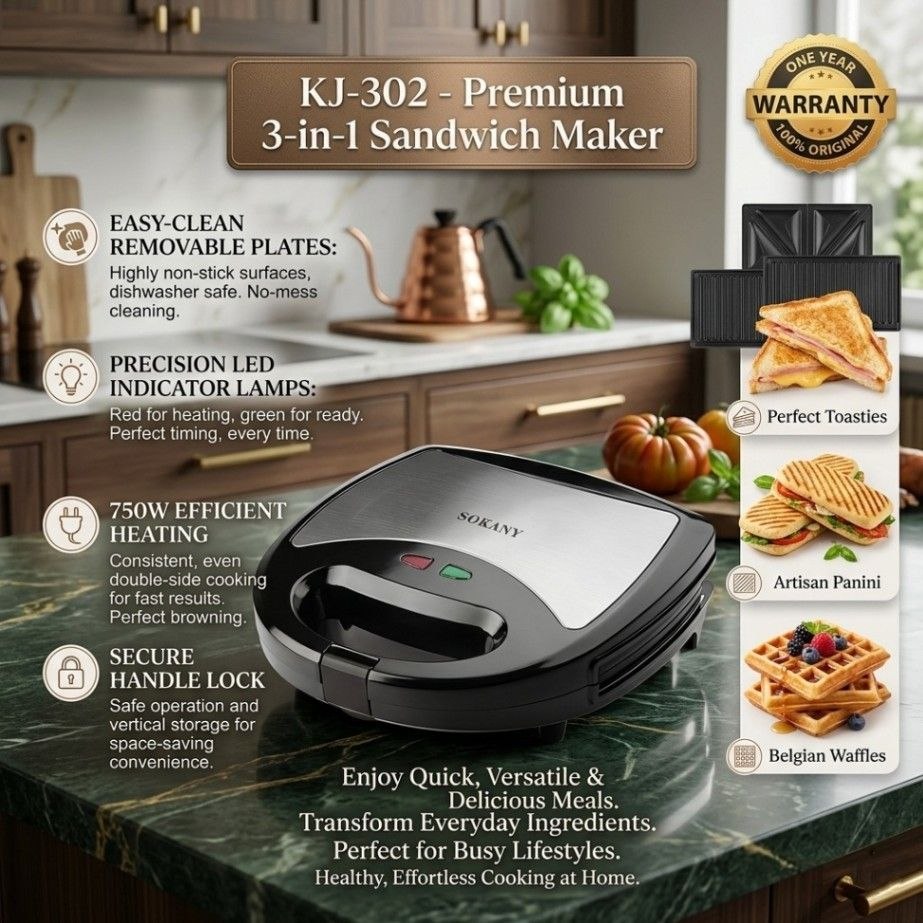 KI-302 Premium 3-in-1 Sandwich Maker – Quick, Versatile & Non-Stick